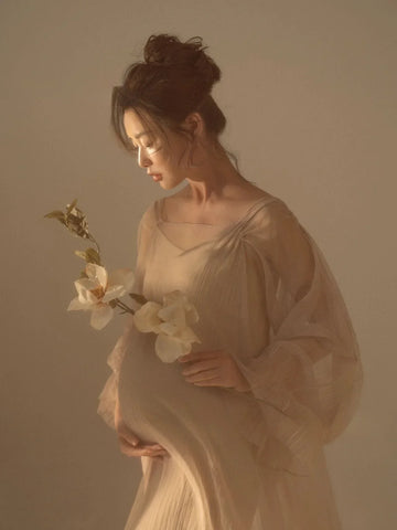 MQTIME  -  Women Photography Props Perspective Elegant Maternity Dresses Beige Mesh Pregnancy Dress Studio Shooting Photo Props